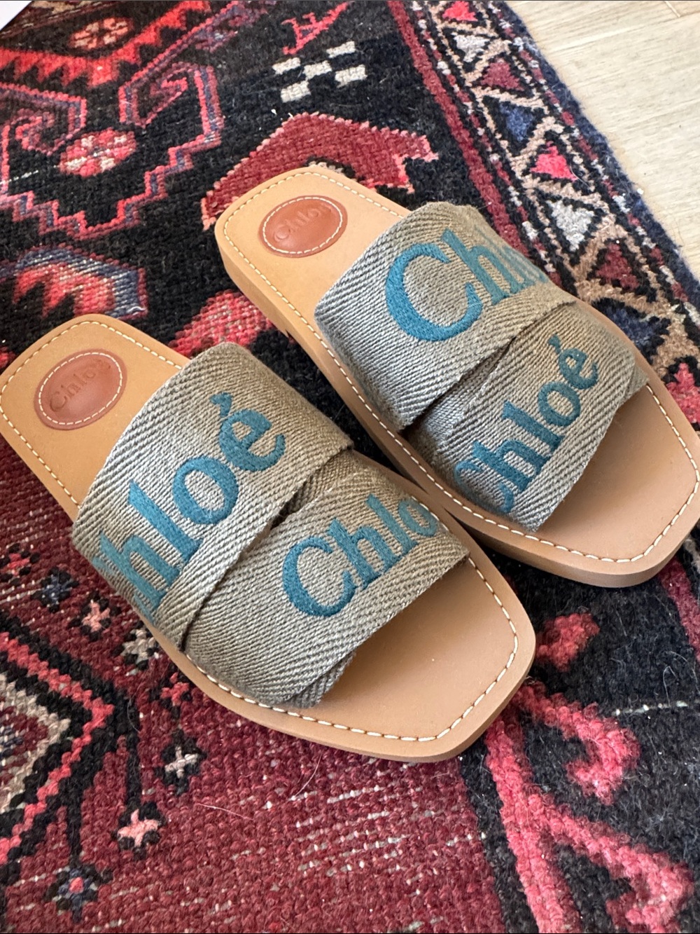 Chloe Woody Woven Slide Sandals - Olive green with dark green logo - Picture 7 of 14